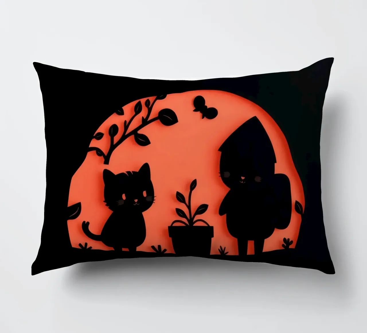 Silhouette of a character and a cat interacting decorative cushion by DesignDoodle