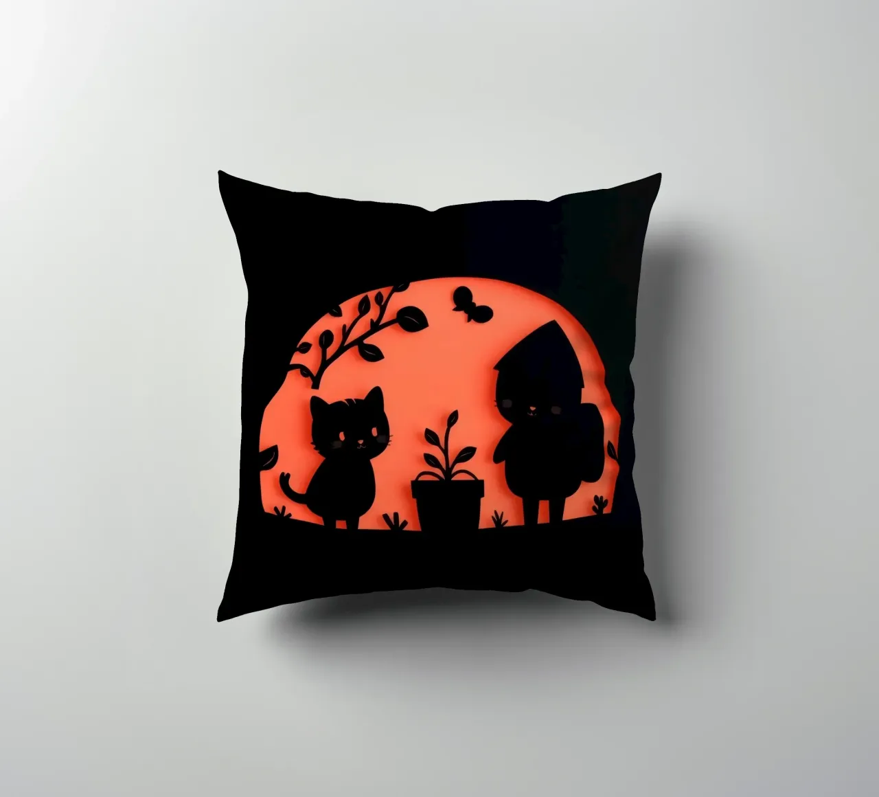 Silhouette of a character and a cat interacting decorative cushion by DesignDoodle