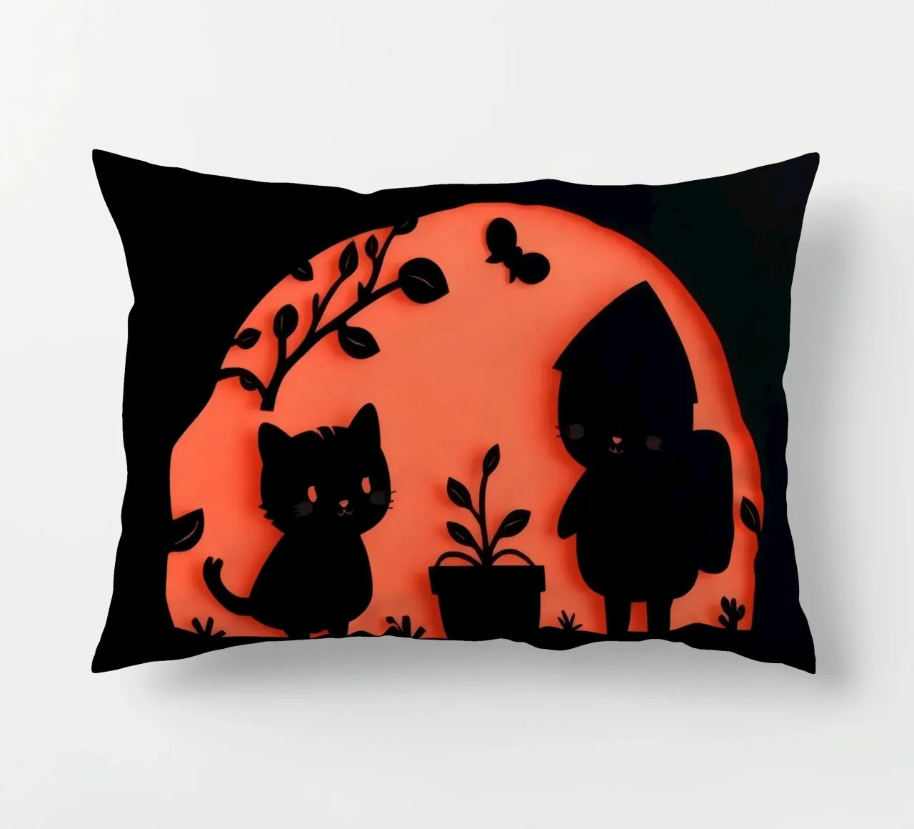 Silhouette of a character and a cat interacting decorative cushion by DesignDoodle