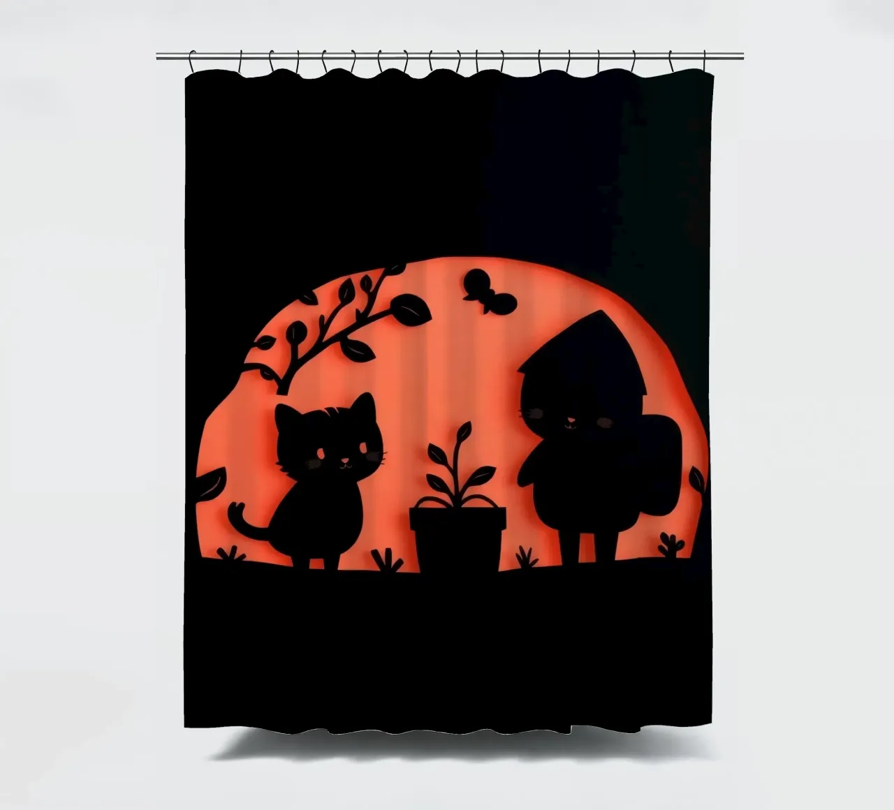 Silhouette di un personaggio e di un gatto che interagiscono tenda da doccia da DesignDoodle