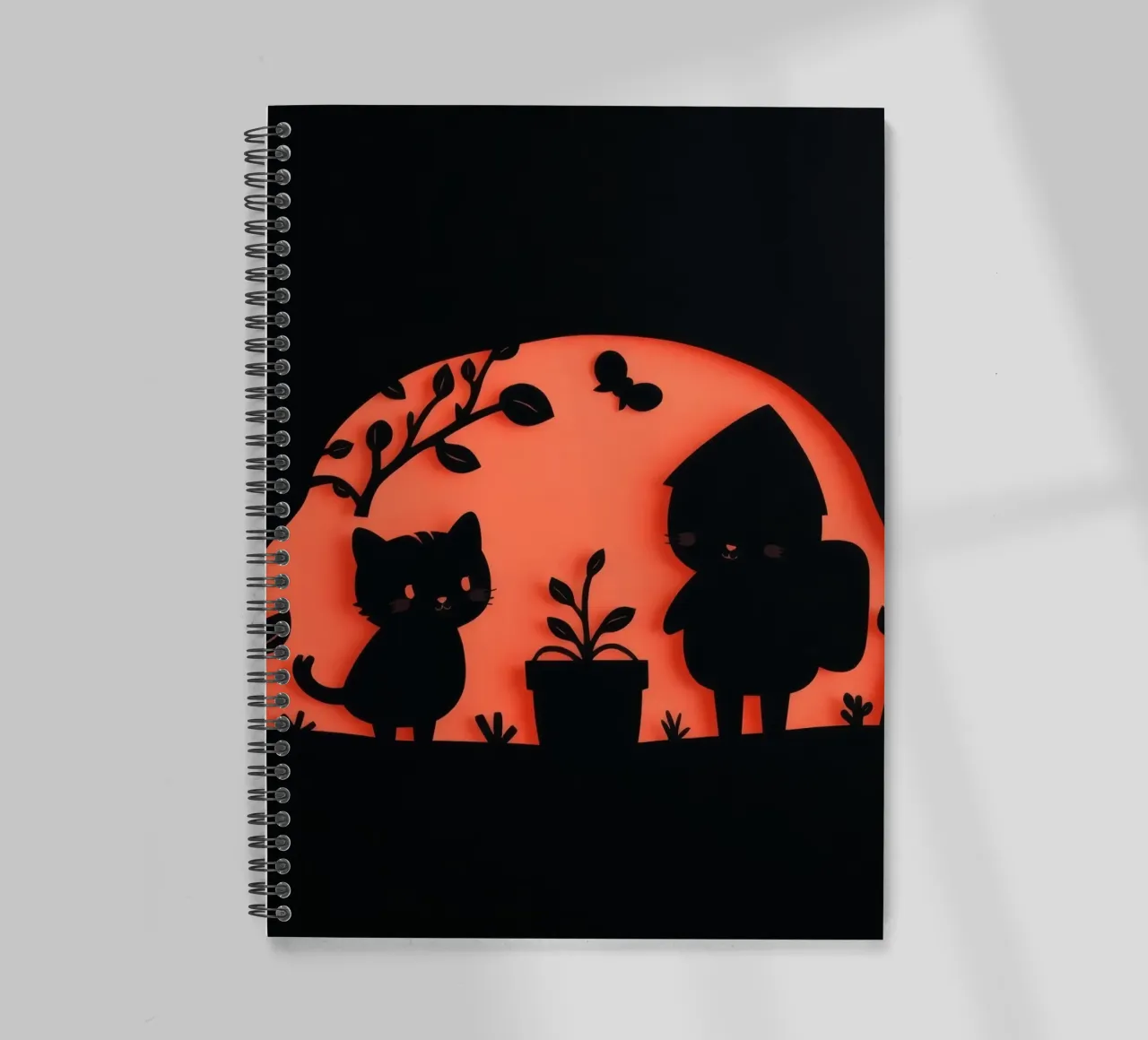 Silhouette of a character and a cat interacting spiral notebook by DesignDoodle
