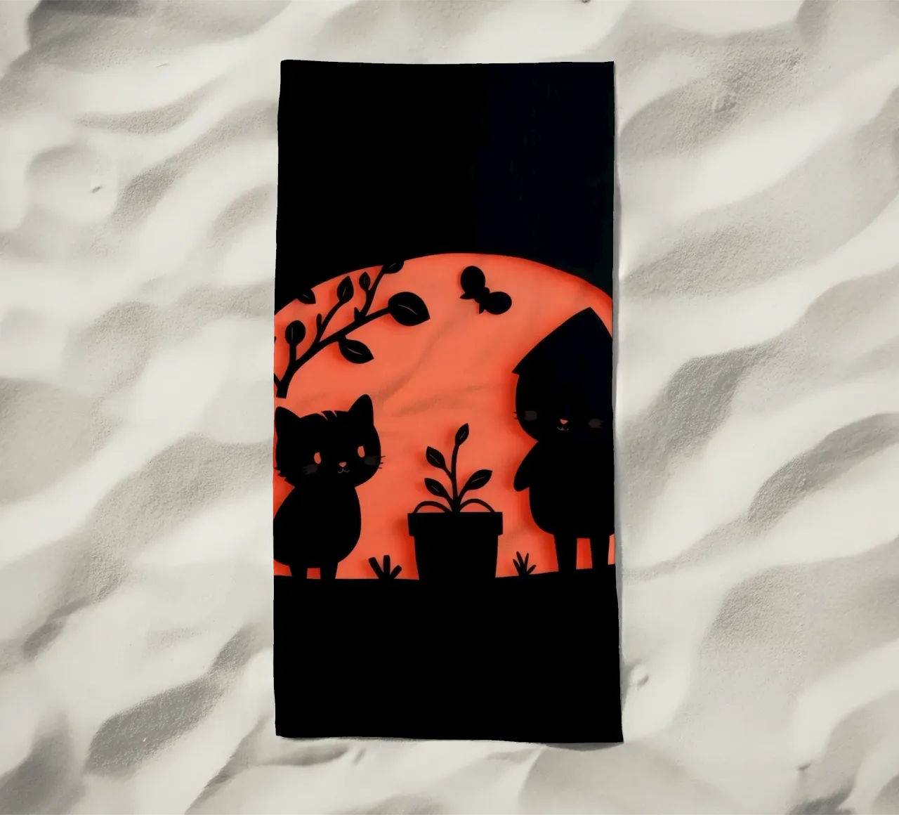 Silhouette di un personaggio e di un gatto che interagiscono telo mare da DesignDoodle