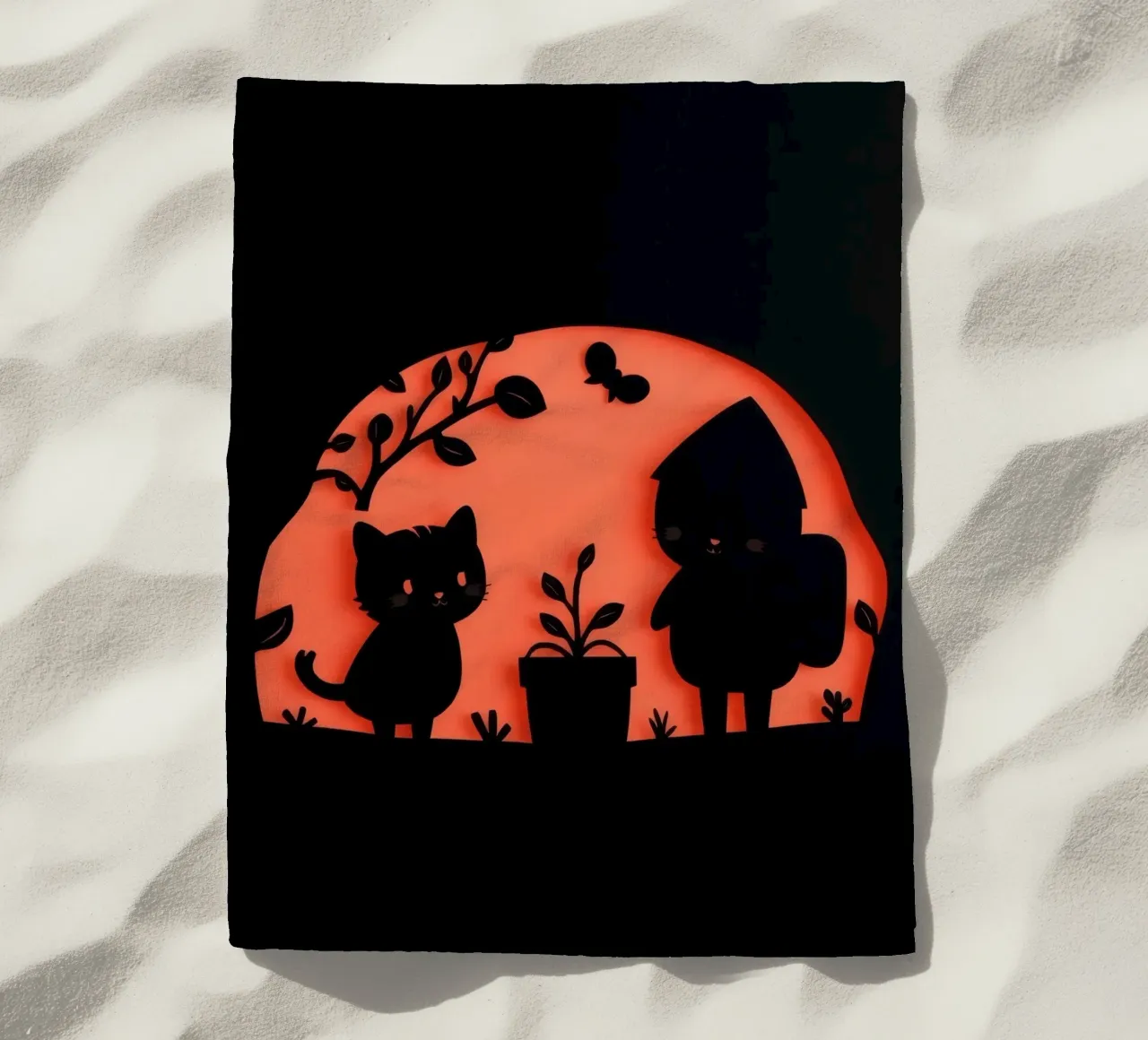 Silhouette di un personaggio e di un gatto che interagiscono telo mare da DesignDoodle