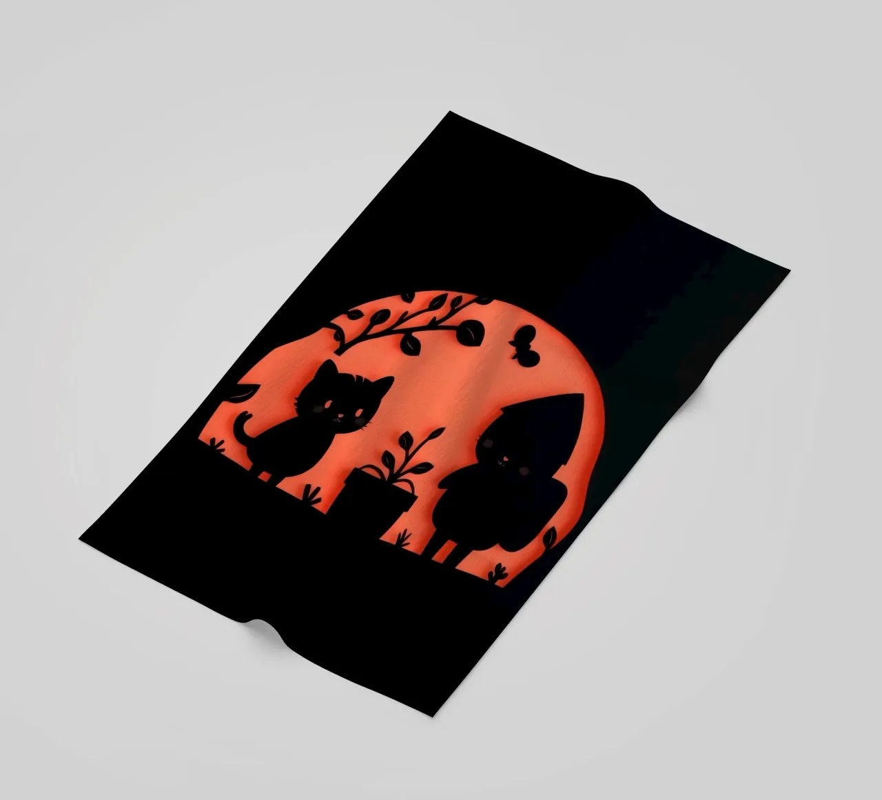Silhouette di un personaggio e di un gatto che interagiscono telo mare da DesignDoodle