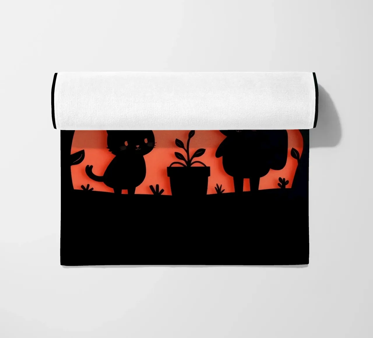 Silhouette di un personaggio e di un gatto che interagiscono telo mare da DesignDoodle