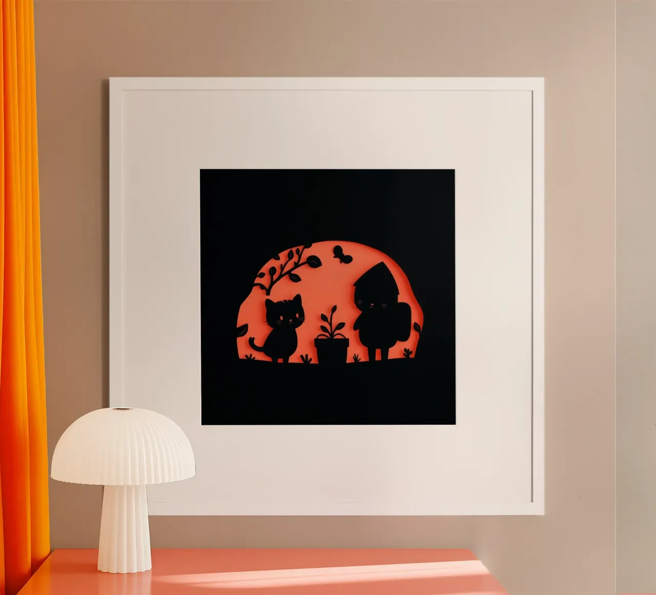 Silhouette of a character and a cat interacting hahnemühle by DesignDoodle