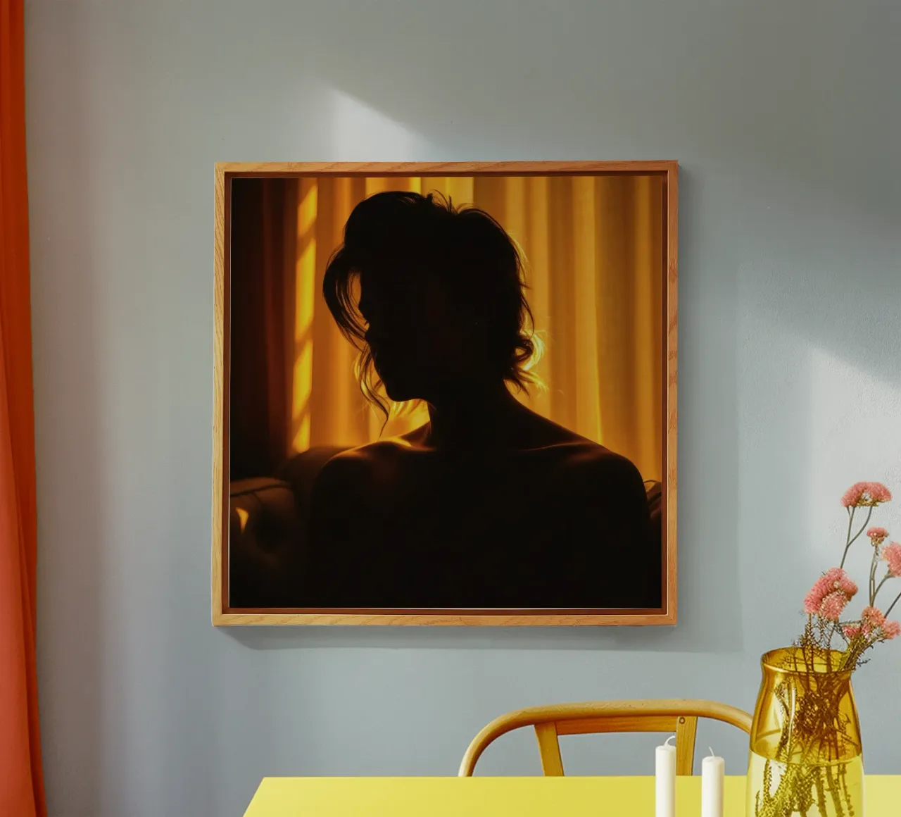 Una luce morbida e dorata delinea la figura di una persona contro una tenda trasparente plexiglass da DesignDoodle