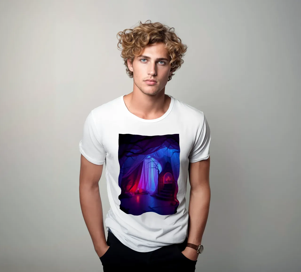 Interni inquietanti con luci soffuse e arredamento misterioso t-shirt da DesignDoodle