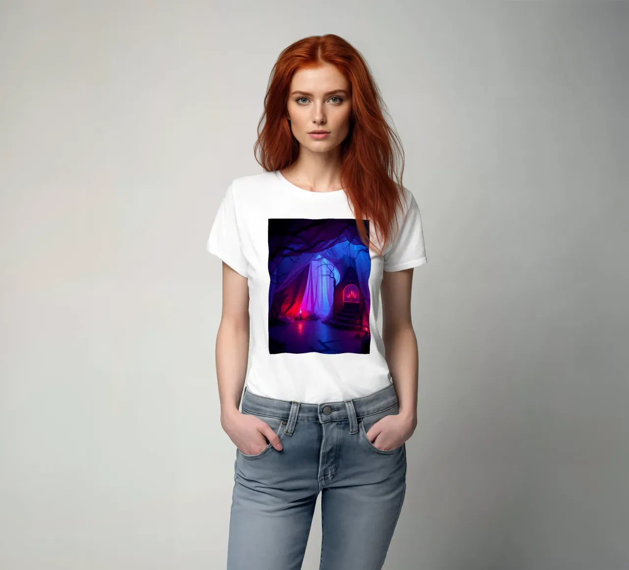 Interni inquietanti con luci soffuse e arredamento misterioso t-shirt da DesignDoodle