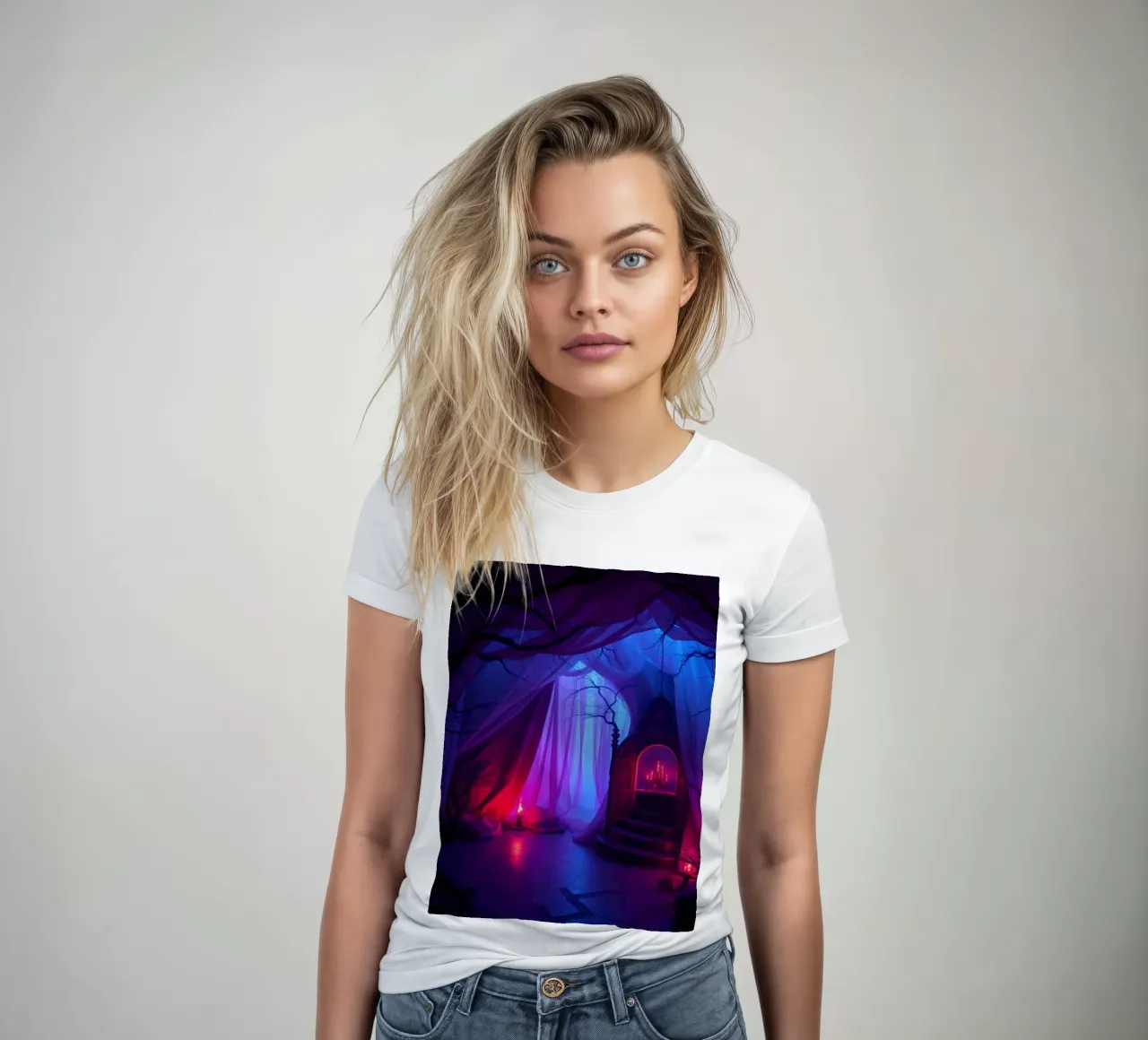 Interni inquietanti con luci soffuse e arredamento misterioso t-shirt da donna da DesignDoodle