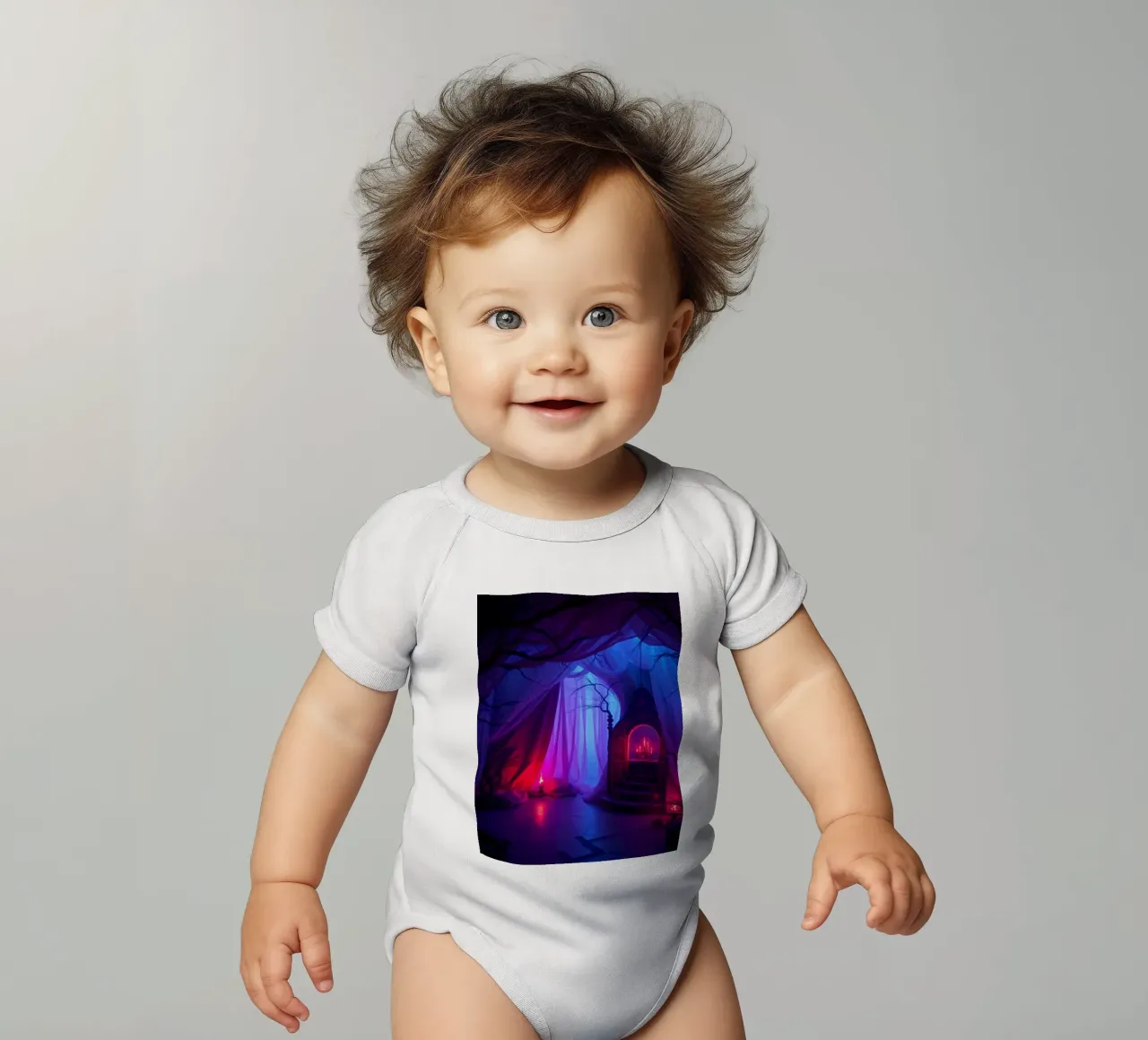 Interni inquietanti con luci soffuse e arredamento misterioso body neonato maniche corte da DesignDoodle