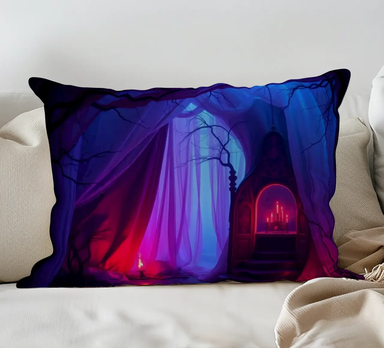 Interni inquietanti con luci soffuse e arredamento misterioso cuscino da DesignDoodle