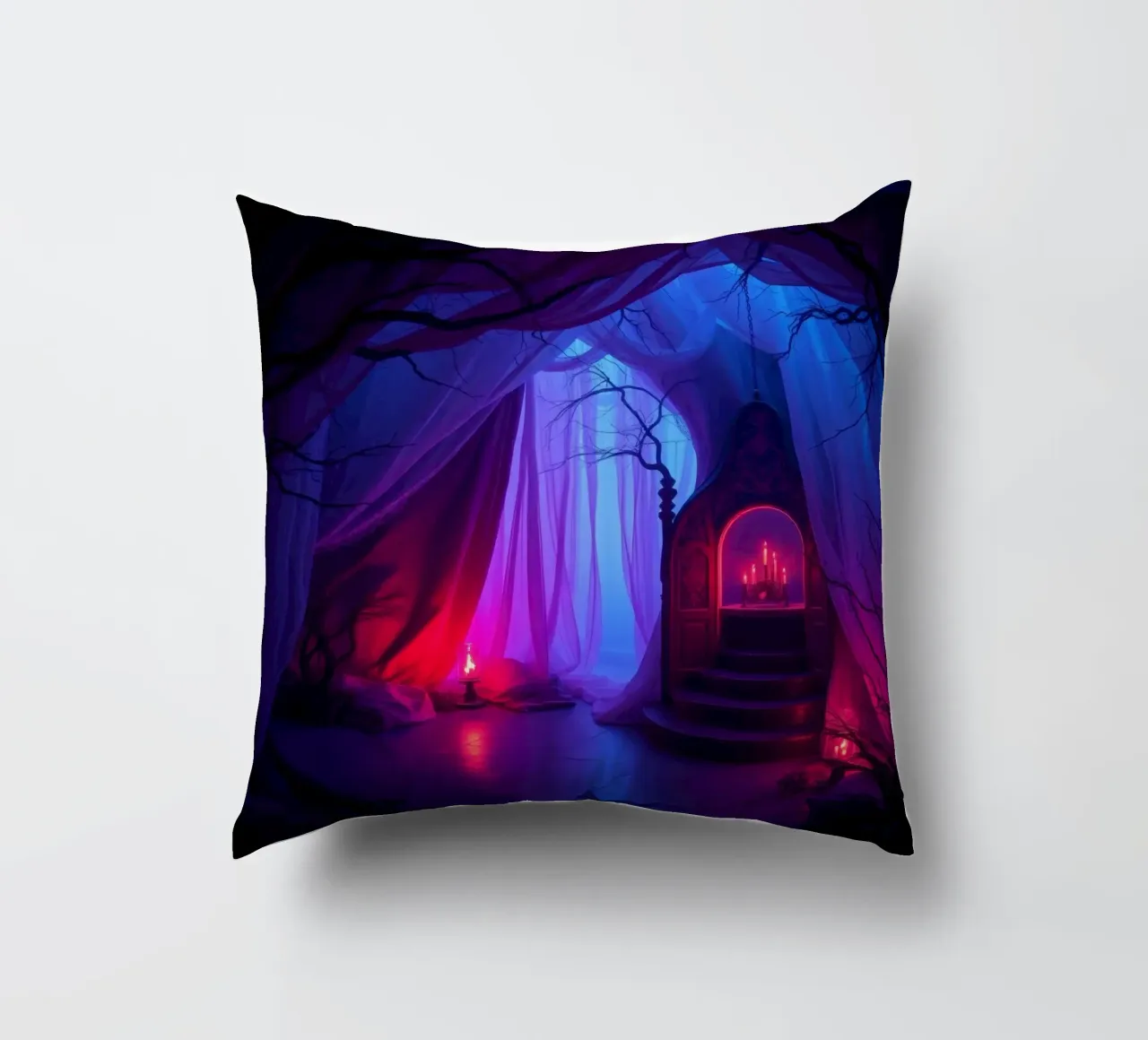 Interni inquietanti con luci soffuse e arredamento misterioso cuscino da DesignDoodle