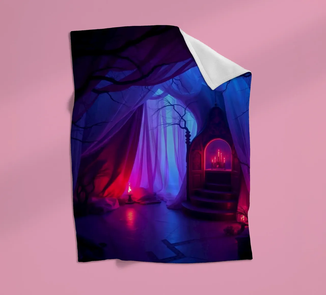 Interni inquietanti con luci soffuse e arredamento misterioso coperta in pile da DesignDoodle