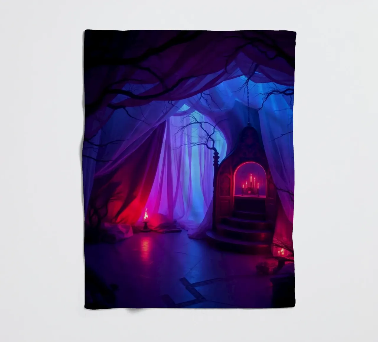 Interni inquietanti con luci soffuse e arredamento misterioso coperta in pile da DesignDoodle