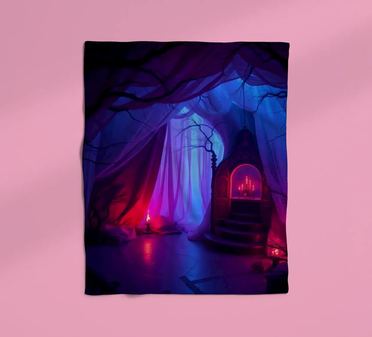 Interni inquietanti con luci soffuse e arredamento misterioso coperta in pile da DesignDoodle
