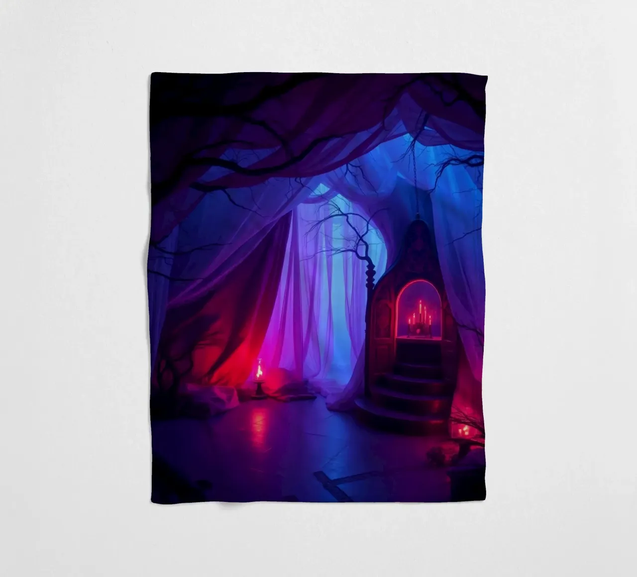 Interni inquietanti con luci soffuse e arredamento misterioso coperta in pile da DesignDoodle