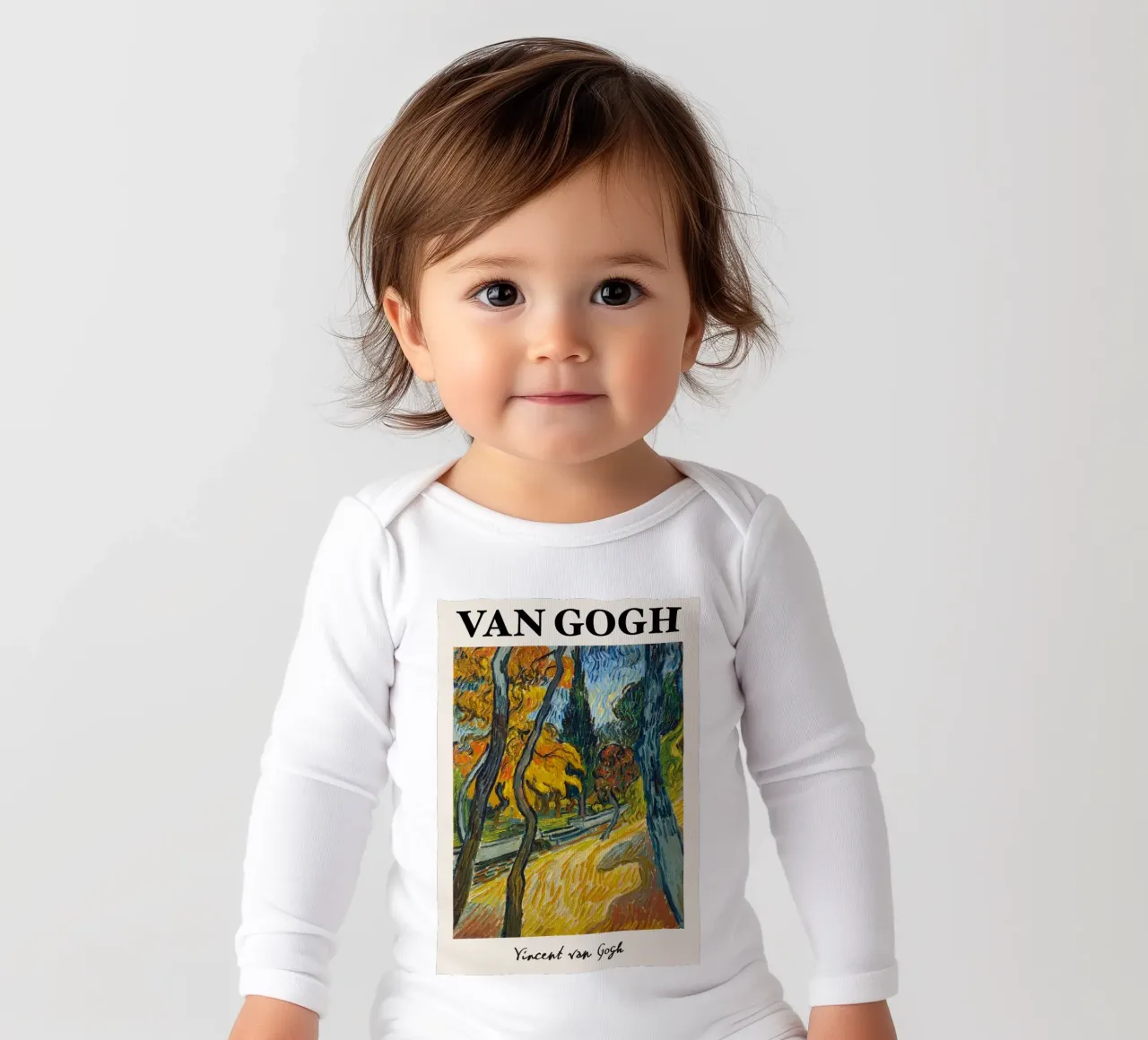 Van Gogh "Trees in the Garden" - Dynamic Post-Impressionist long-sleeve baby romper by NorwesClub