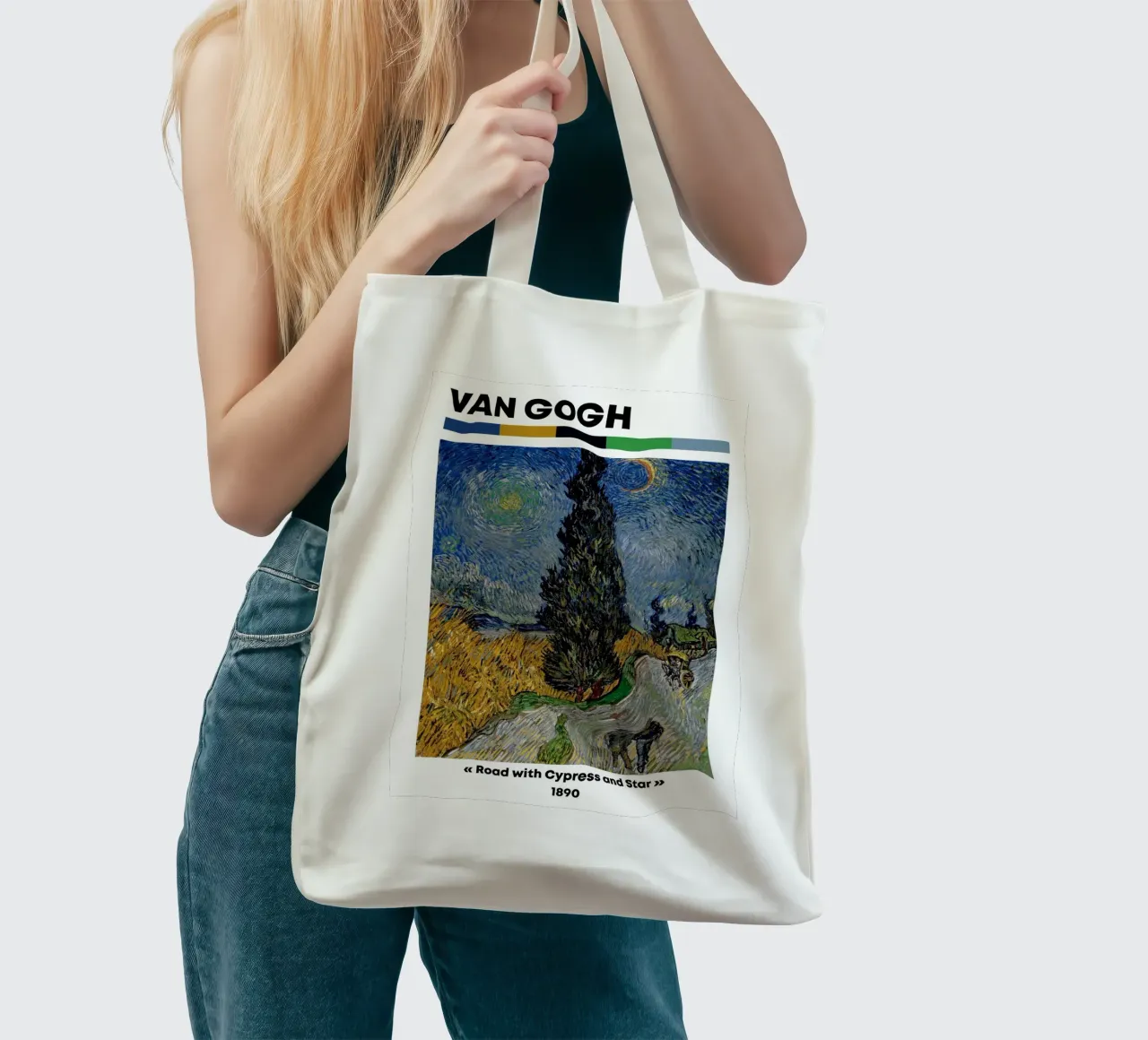 Van Gogh "Strada con cipresso e stella" - Post-Impressione iconica borsa in juta da NorwesClub