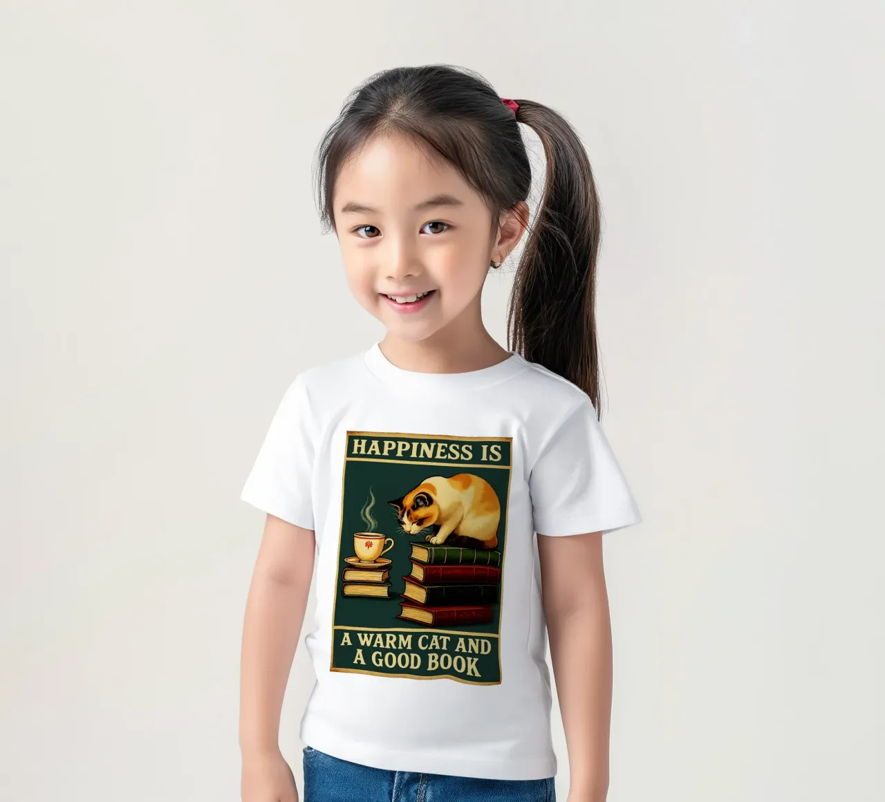 Gatto e libro La felicità è un gatto caldo e un buon libro t-shirt bambini da the gan gan