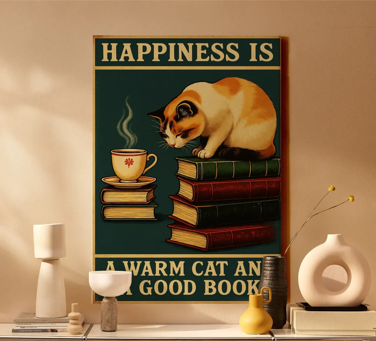 Gatto e libro La felicità è un gatto caldo e un buon libro tela da the gan gan
