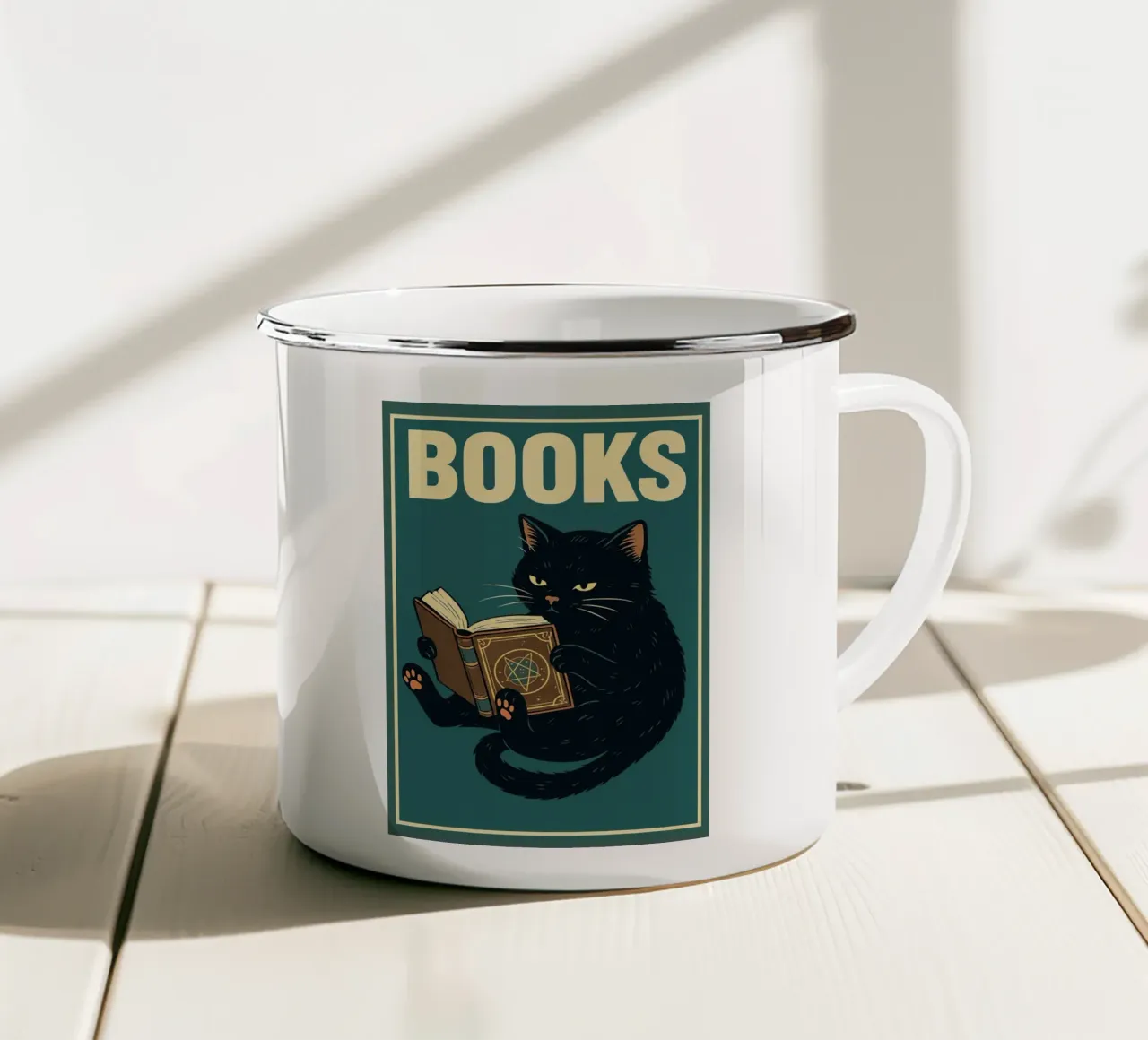 gatto e libro tazza in smalto da the gan gan