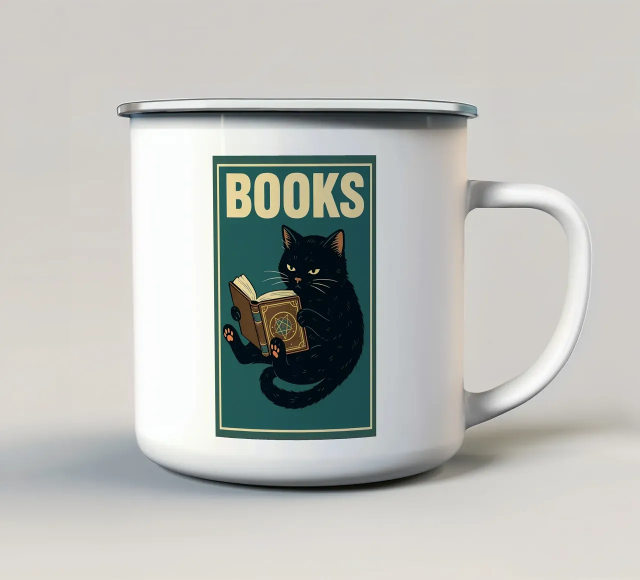 gatto e libro tazza in smalto da the gan gan