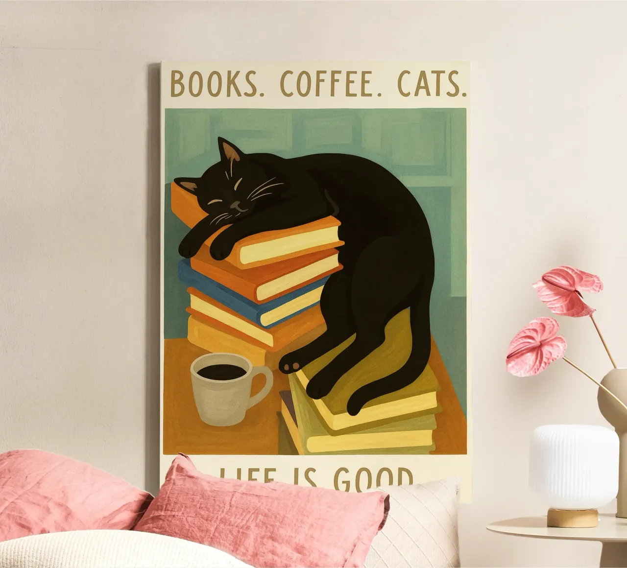 Grappige Boeken Koffiekat canvas met Baklijst van the gan gan