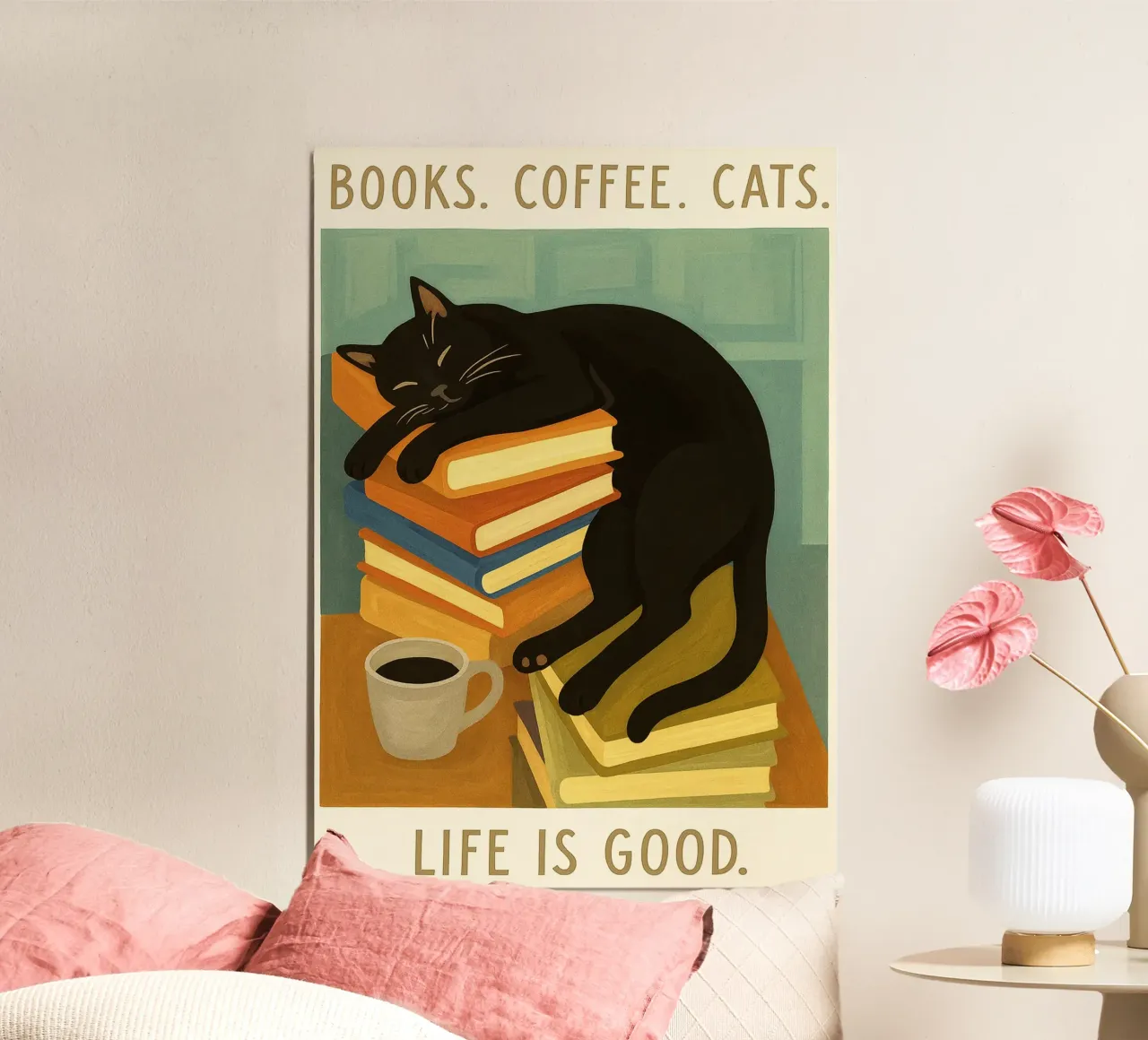 Libri divertenti Caffè gatto poster con telaio in legno da the gan gan