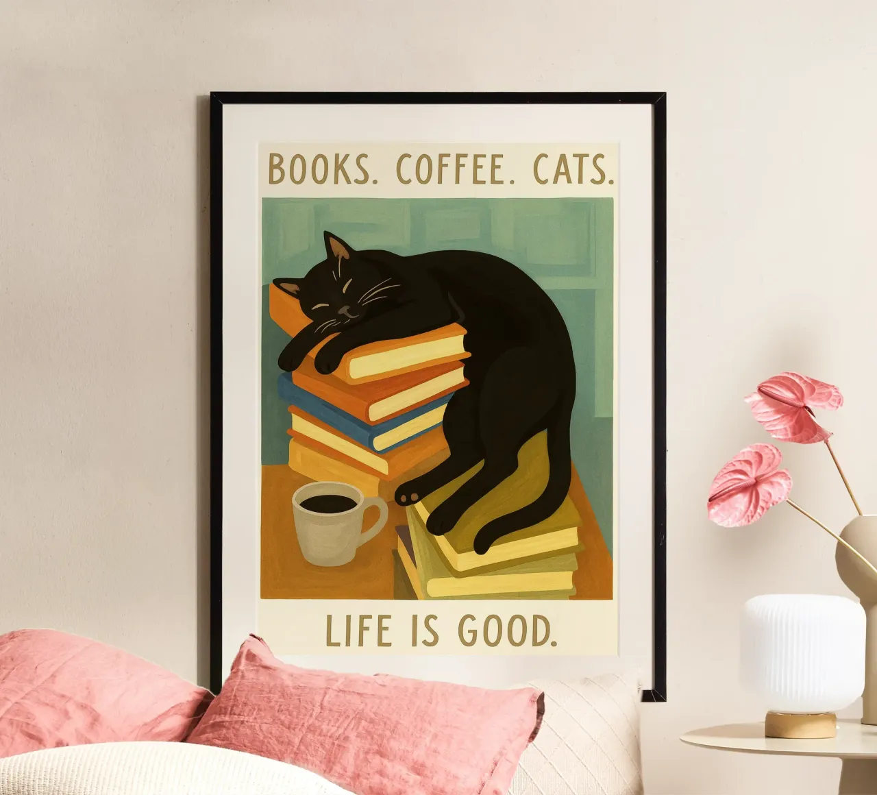 Libri divertenti Caffè gatto poster con telaio in legno da the gan gan