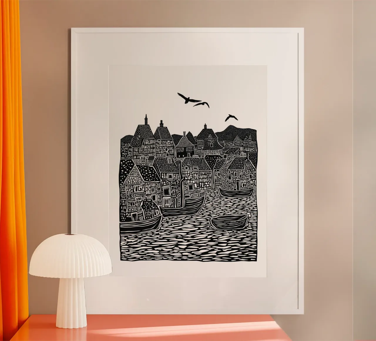 Seaside Stillness: The Village by the Water poster con telaio in legno da Indigo Rain