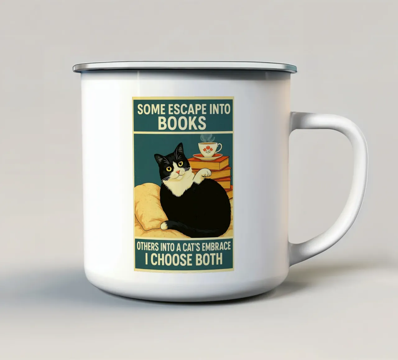 Alcuni scappano nei libri altri nell'abbraccio di un gatto Cat Funny tazza in smalto da the gan gan