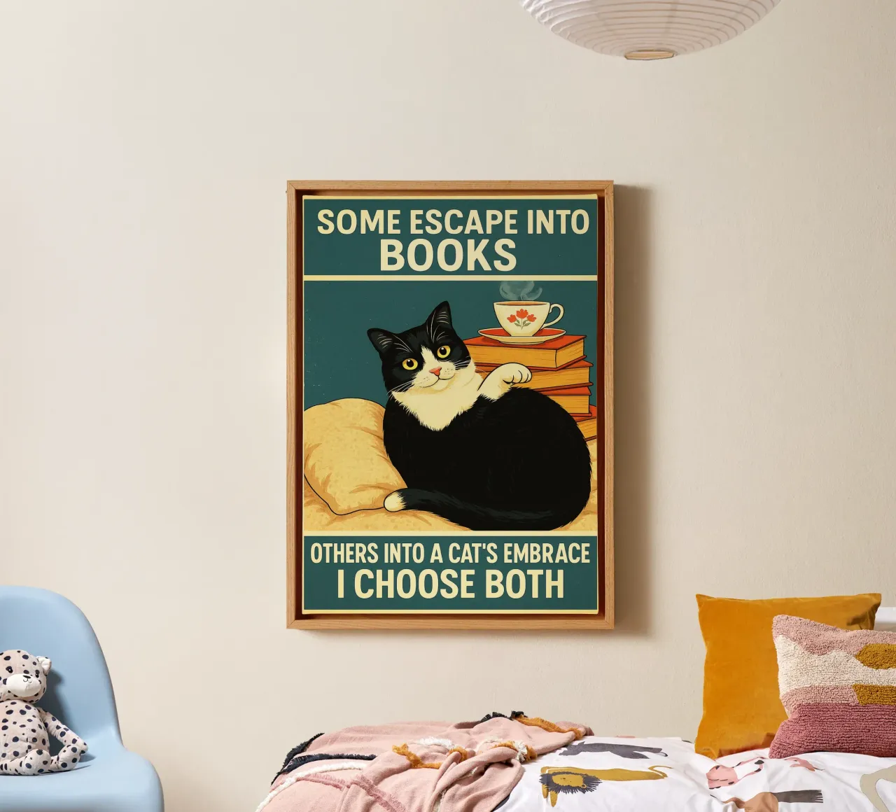 Manche flüchten in Bücher, andere in die Umarmung einer Katze Cat Funny Leinwand mit Schattenfugenrahmen von the gan gan
