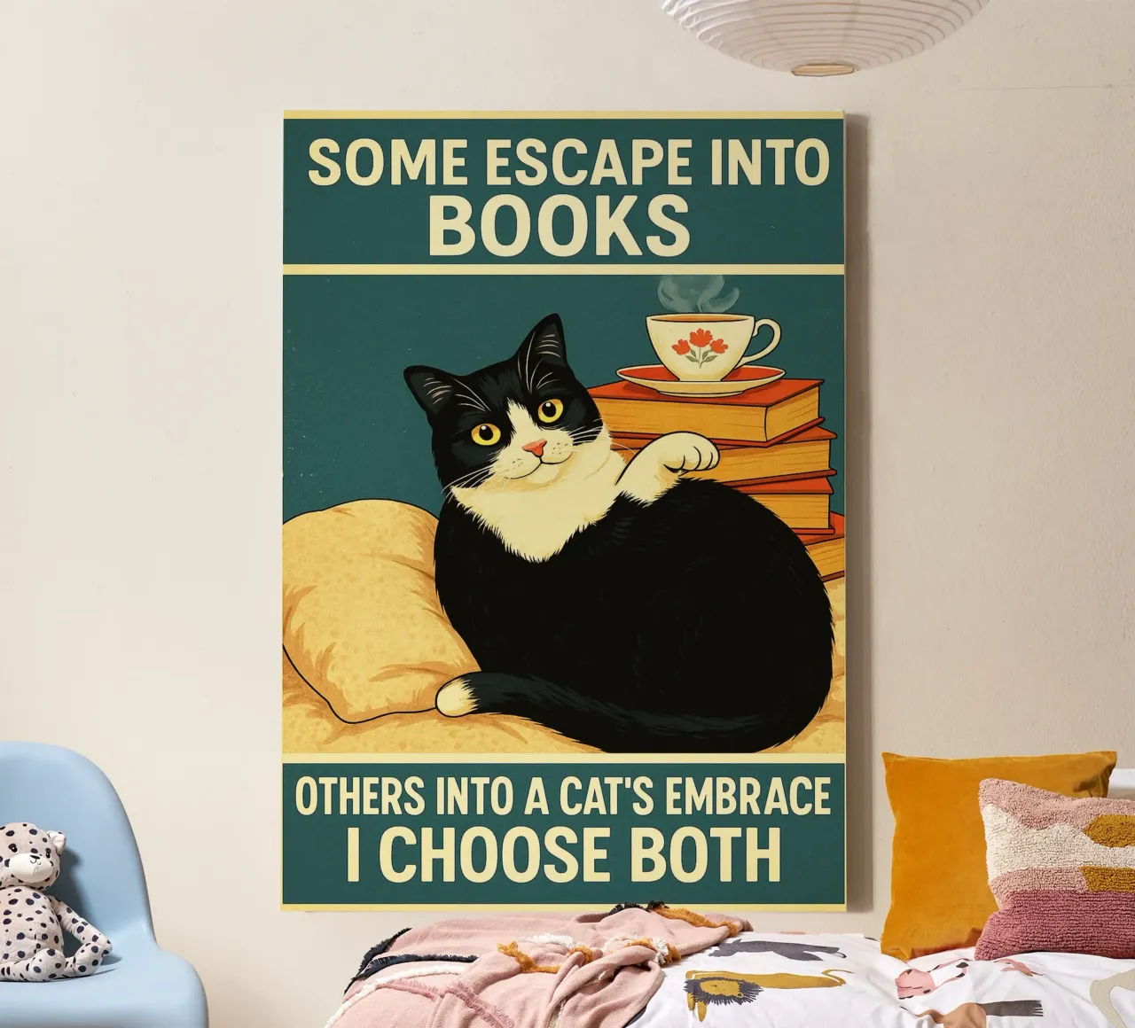 Manche flüchten in Bücher, andere in die Umarmung einer Katze Cat Funny Leinwand mit Schattenfugenrahmen von the gan gan