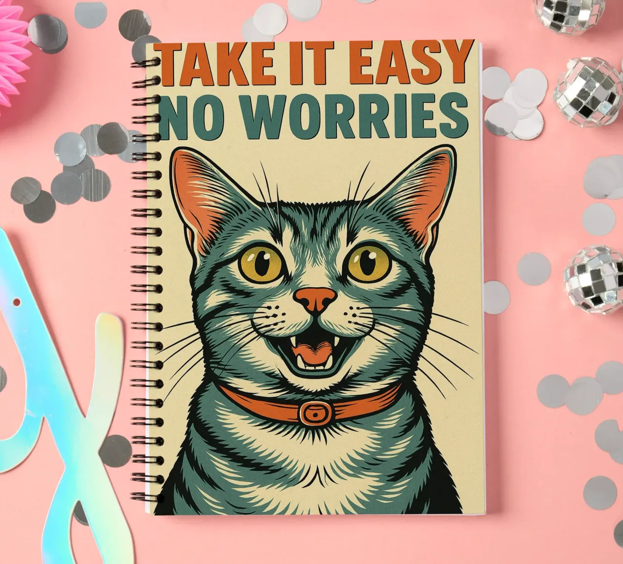 Take It Easy No Worries Cat Funny spiral notebook by the gan gan