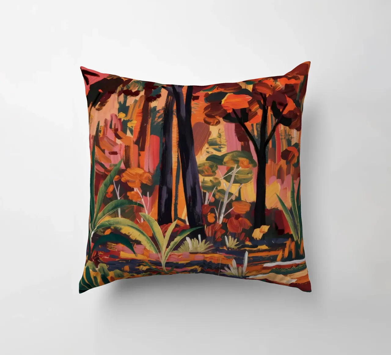 Bagliore della foresta cremisi cuscino da Obisidian Brush