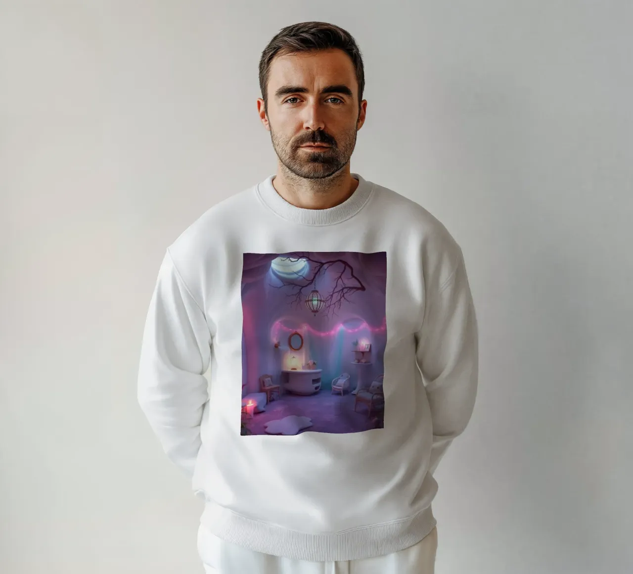 Cozy room adorned with soft lighting and unique decor sweatshirt by DesignDoodle