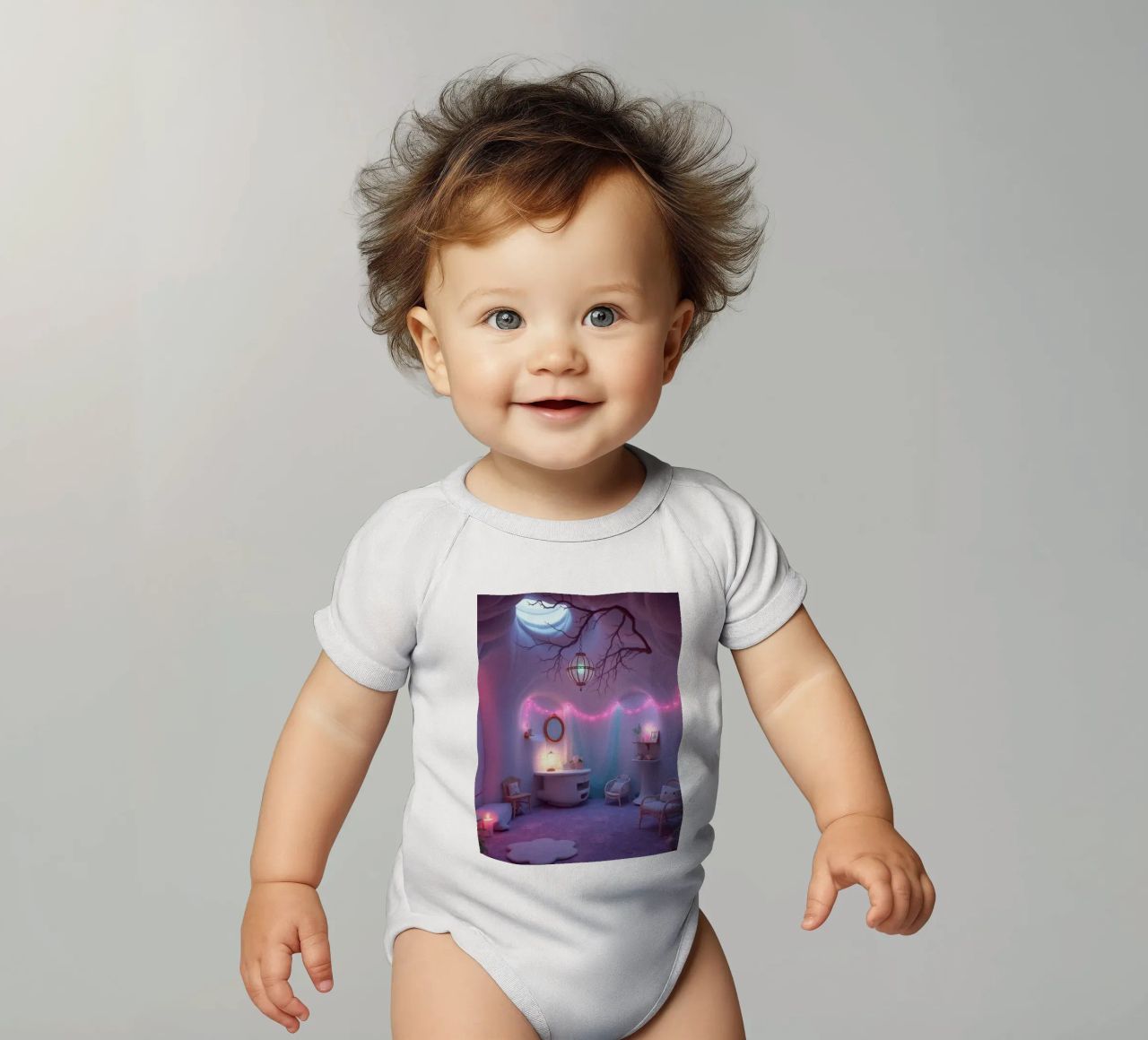 Camera accogliente con luci soffuse e arredamento unico body neonato maniche corte da DesignDoodle