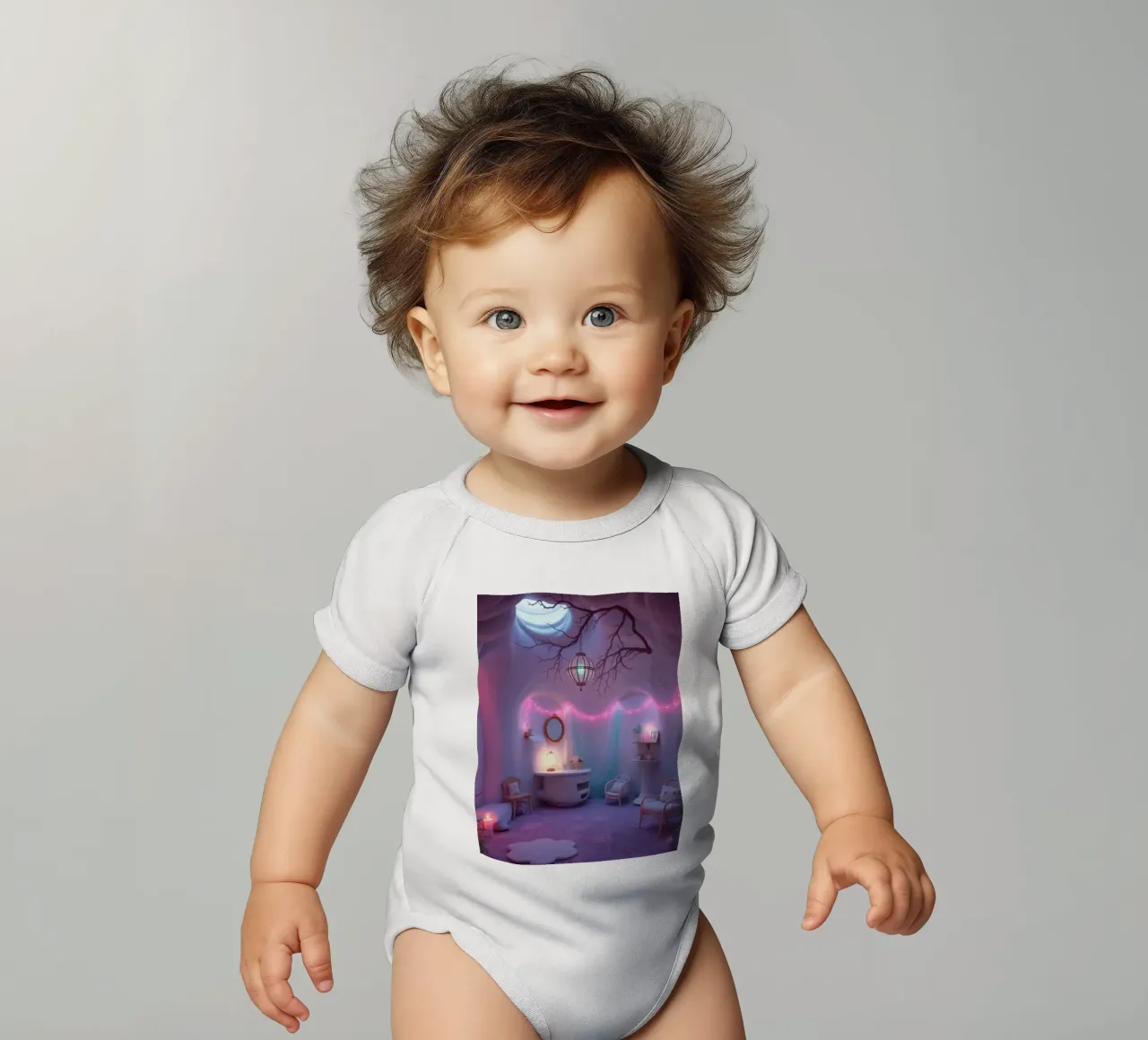 Camera accogliente con luci soffuse e arredamento unico body neonato maniche corte da DesignDoodle