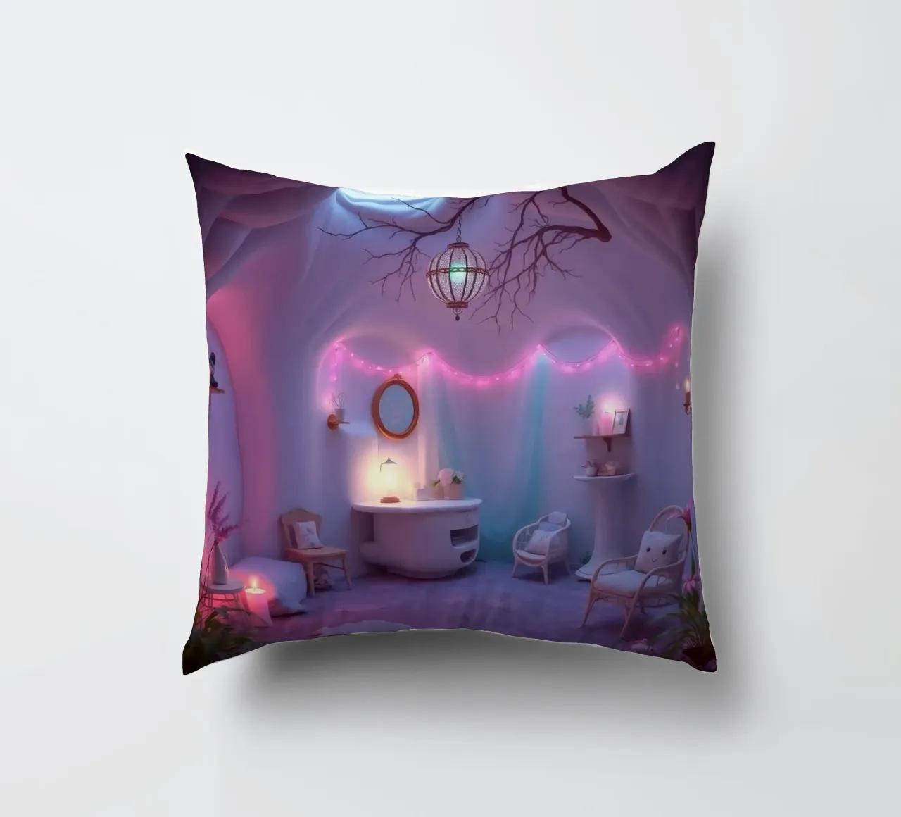 Gezellige kamer versierd met zachte verlichting en uniek decor kussen van DesignDoodle