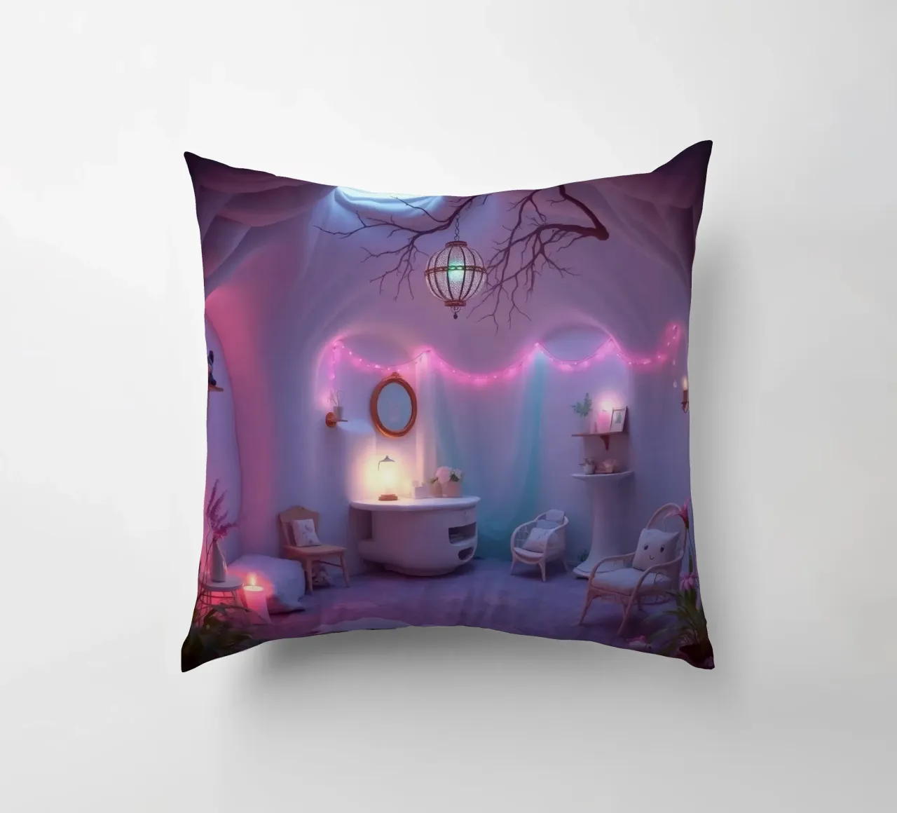 Gezellige kamer versierd met zachte verlichting en uniek decor kussen van DesignDoodle