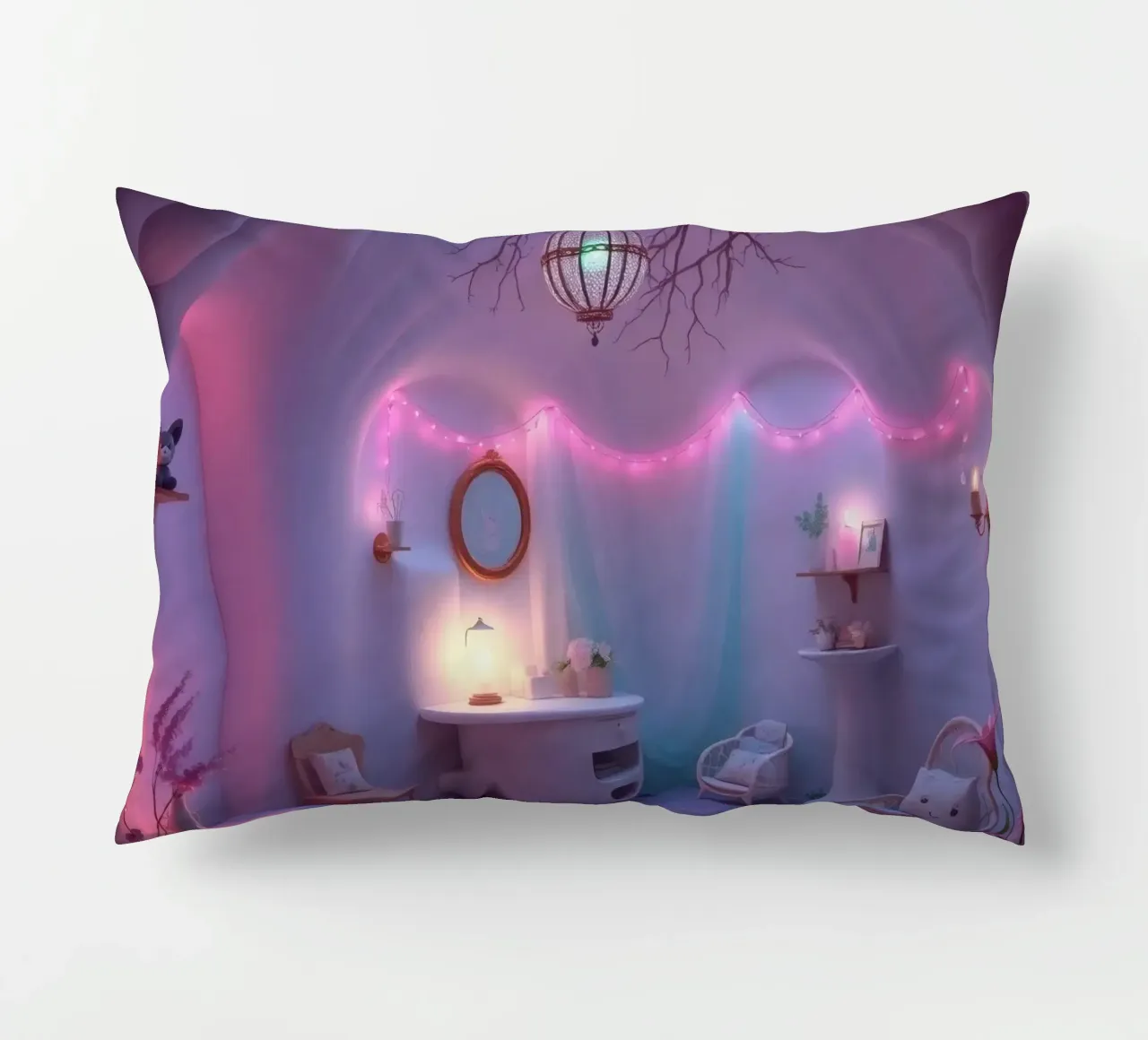 Gezellige kamer versierd met zachte verlichting en uniek decor kussen van DesignDoodle
