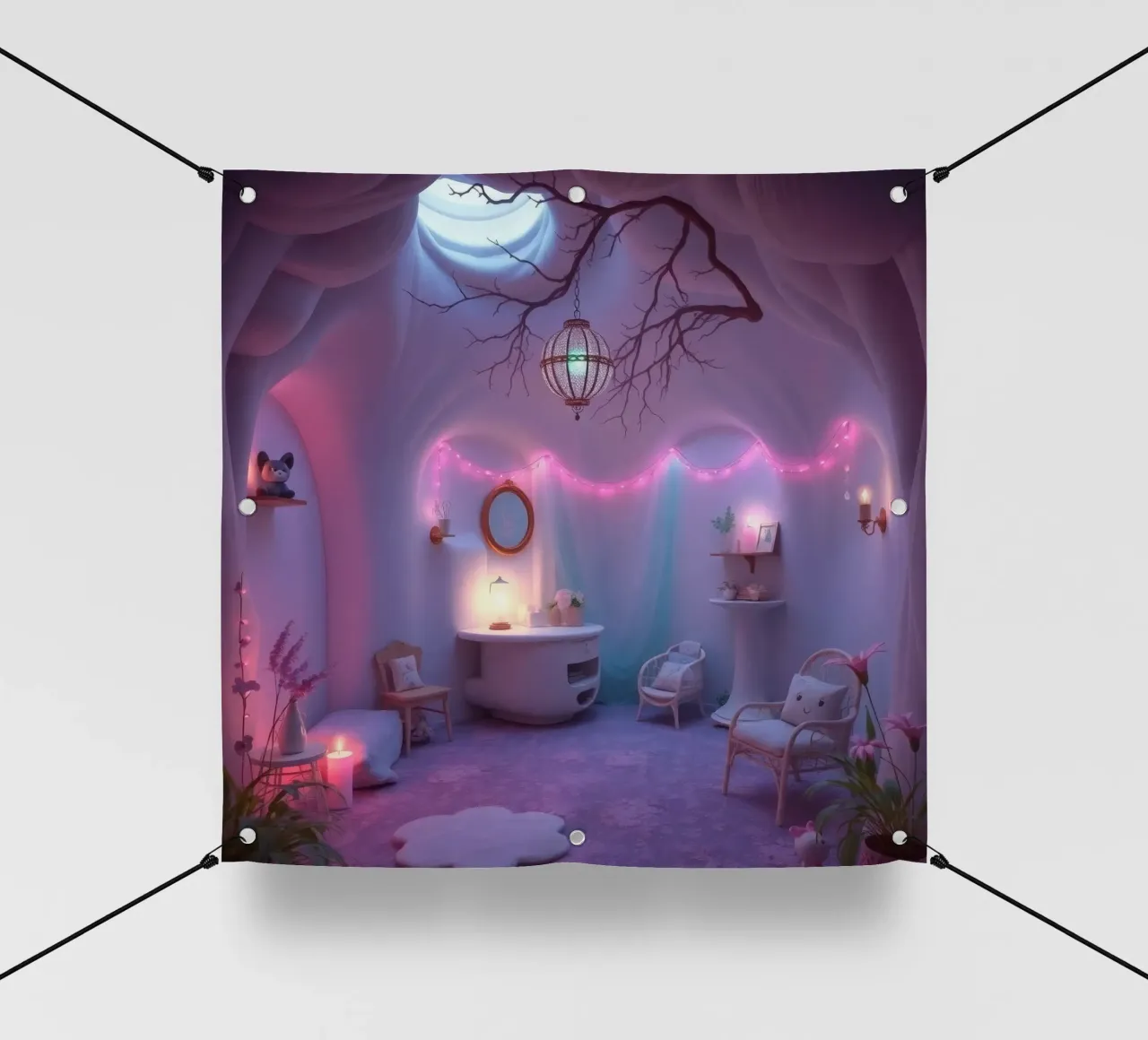 Acogedora habitación adornada con una iluminación suave y una decoración única lonas publicitarias de DesignDoodle
