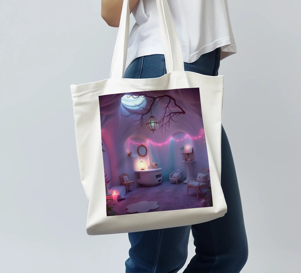 Camera accogliente con luci soffuse e arredamento unico borsa in juta da DesignDoodle