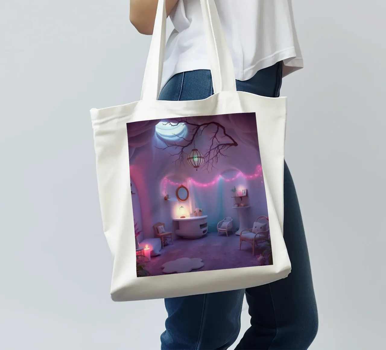 Camera accogliente con luci soffuse e arredamento unico borsa in juta da DesignDoodle