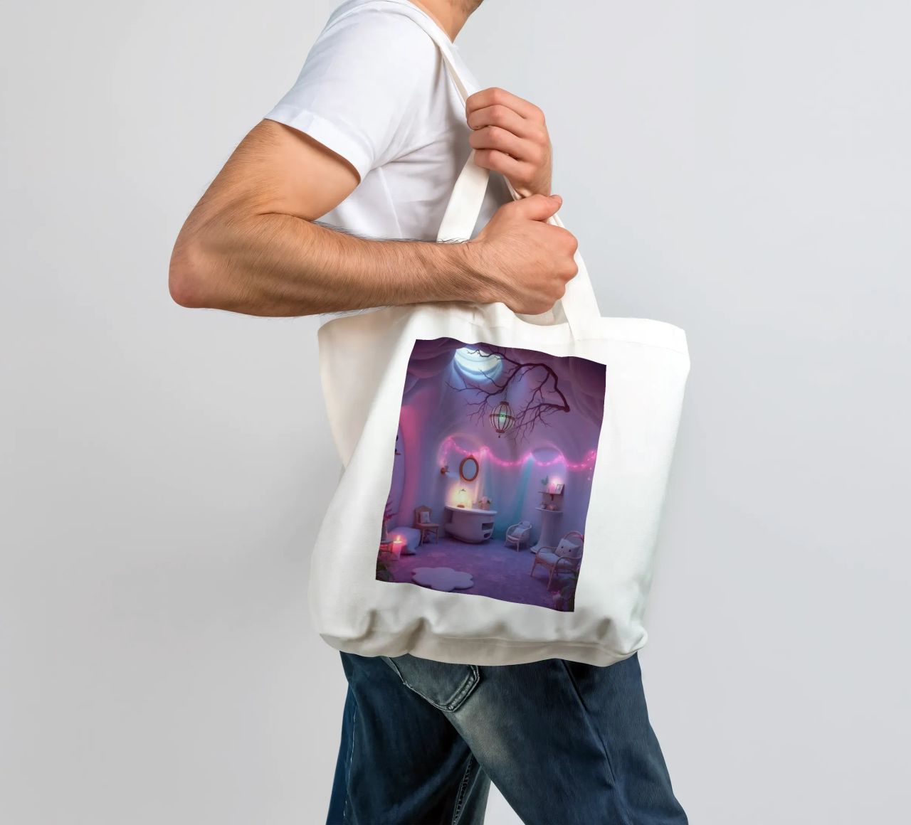 Camera accogliente con luci soffuse e arredamento unico borsa in juta da DesignDoodle
