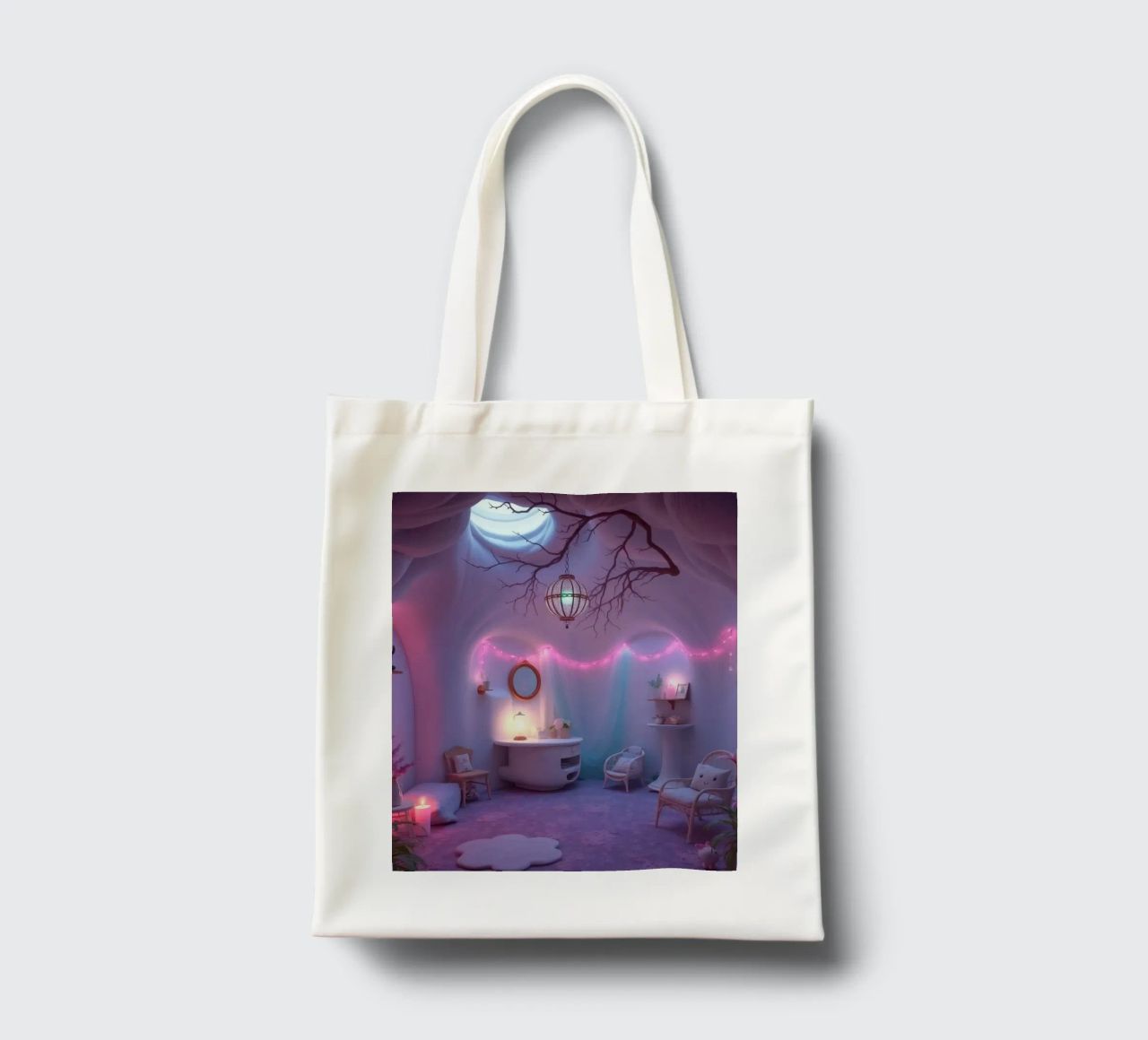 Camera accogliente con luci soffuse e arredamento unico borsa in juta da DesignDoodle