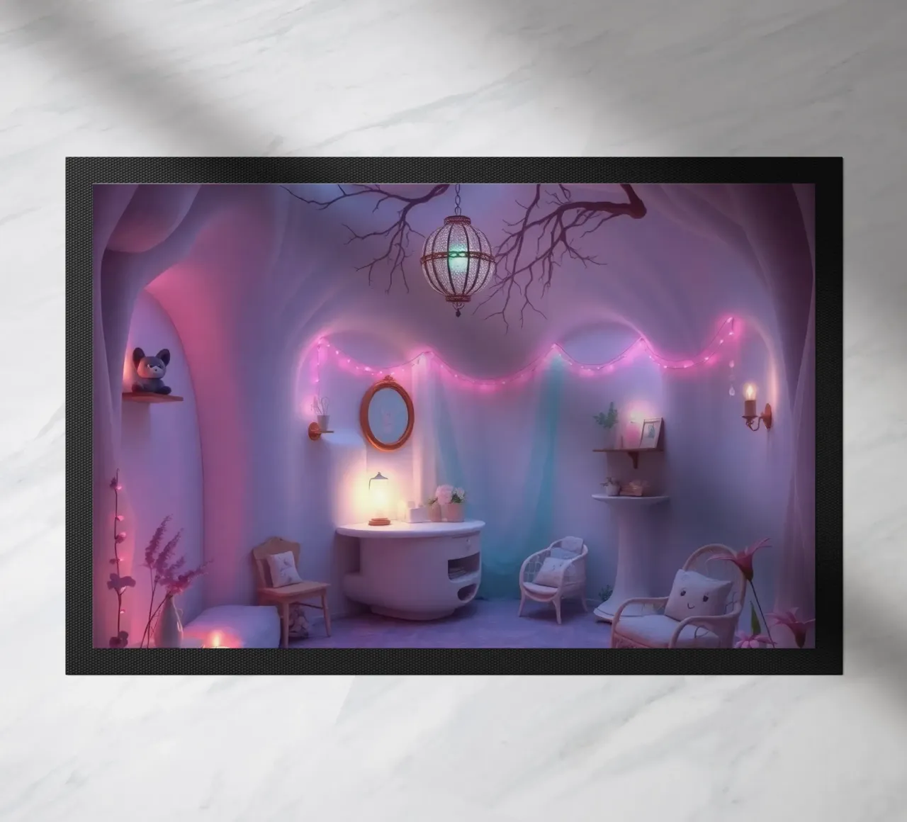 Cozy room adorned with soft lighting and unique decor doormat by DesignDoodle