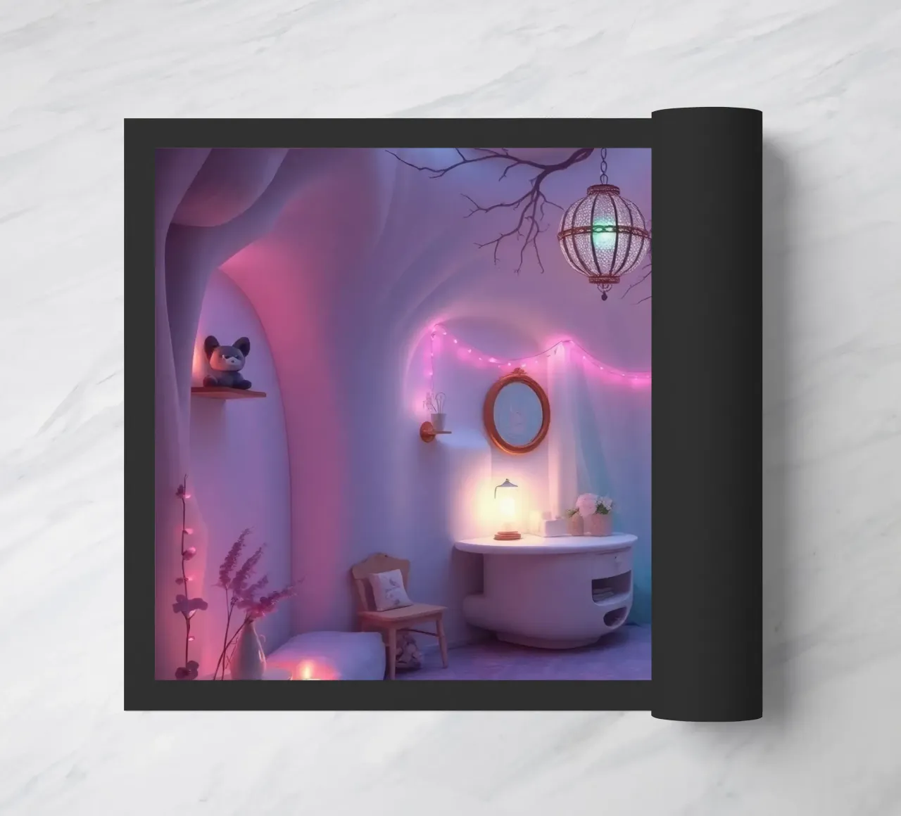 Cozy room adorned with soft lighting and unique decor doormat by DesignDoodle