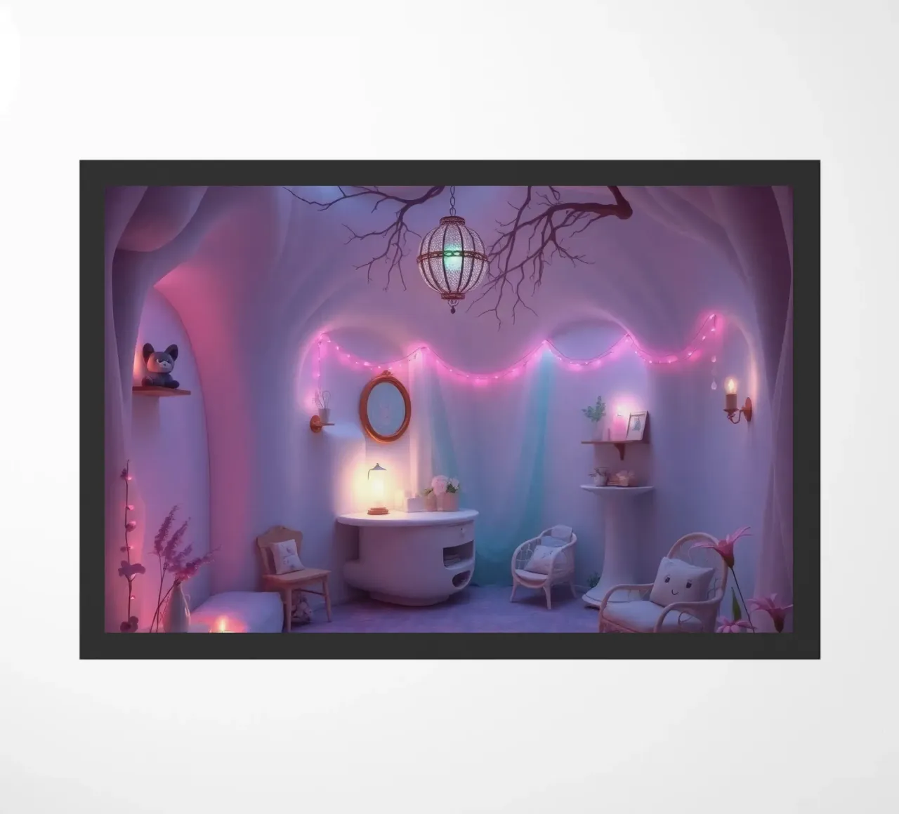 Camera accogliente con luci soffuse e arredamento unico zerbino da DesignDoodle